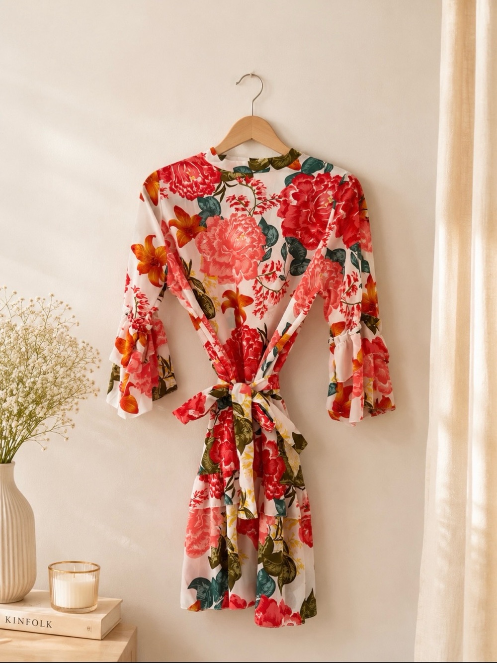 Floral Tie-Waist Kimono Dress - White with Red & Green Floral Print